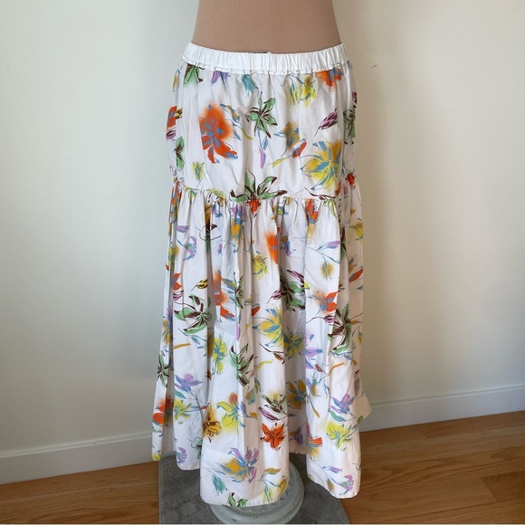 Tanya Taylor Lara White Floral Multicolor Cotton Tiered A-line Midi Skirt EUC XL - Picture 7 of 12